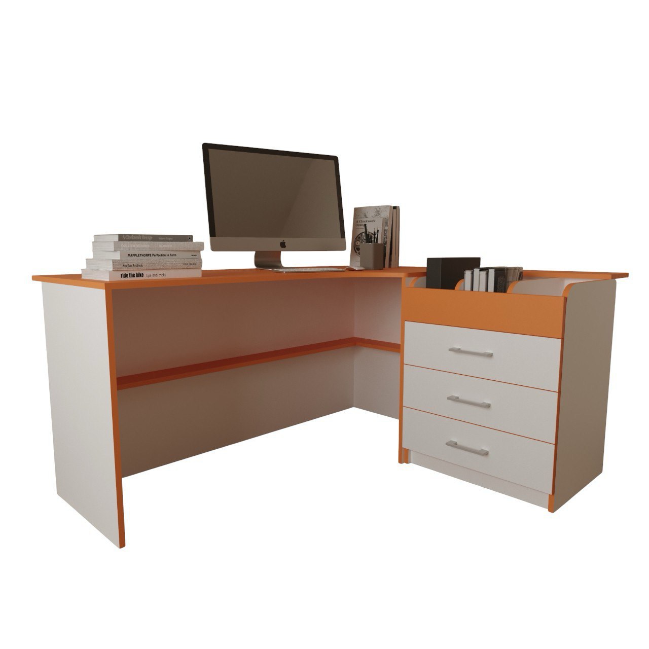 Cтіл-кафедра с формулярною тумбою для бібліотеки Захід Меблі Колібрі Білий /Помаранчевий 1500/1400х750 мм